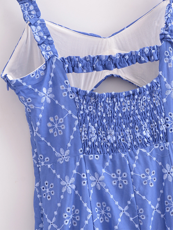 Blue embroidered sundress with smocked back, featured in Women’s Hollow Embroidery Slim Suspender Dress