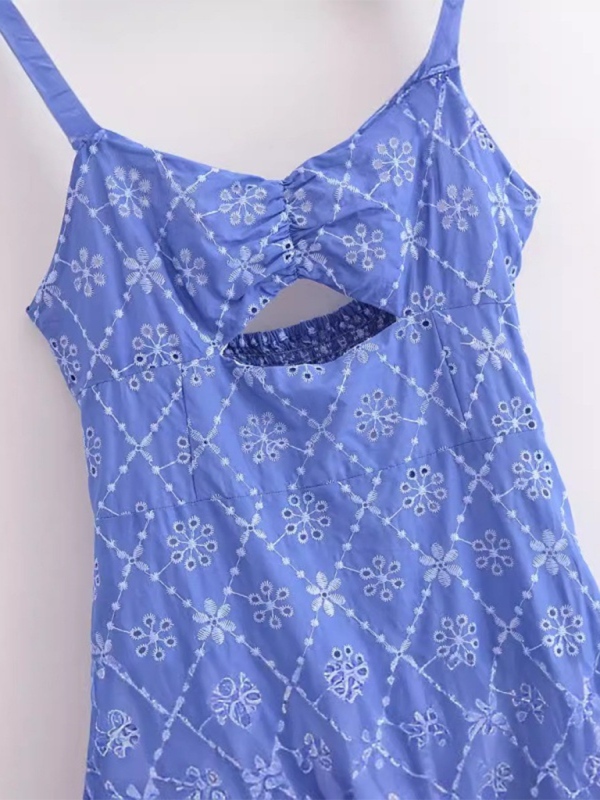 Blue floral embroidered sundress for women with slim suspender design and hollow embroidery