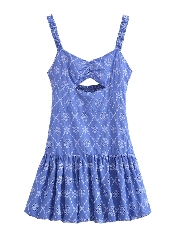Blue eyelet mini dress with hollow embroidery and slim suspender design