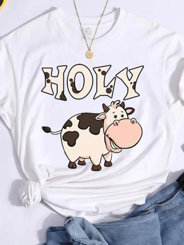 Women’s holy cow print round neck short sleeve T-shirt