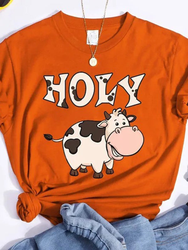 Women’s holy cow print round neck short sleeve T-shirt - Orange / XS