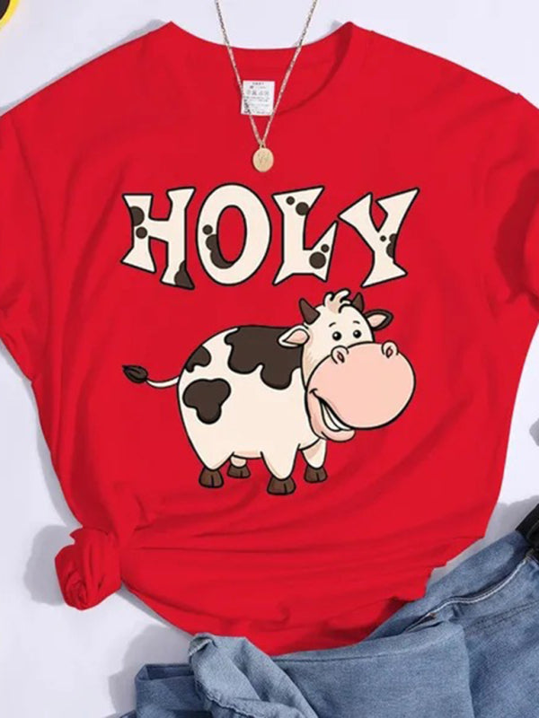 Women’s holy cow print round neck short sleeve T-shirt - Red / XS