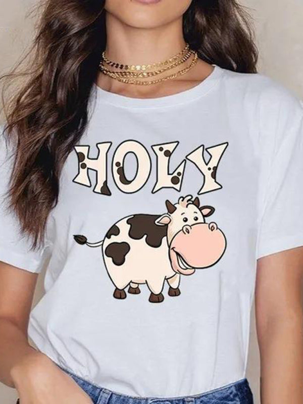 Women’s holy cow print round neck short sleeve T-shirt - White / XS