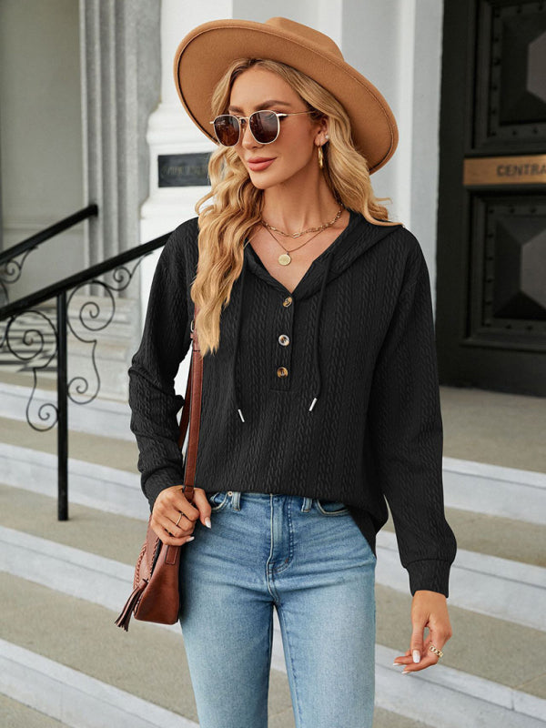 Women’s Hooded Button Loose Long Sleeve Sweatshirt