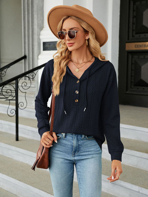 Women’s Hooded Button Loose Long Sleeve Sweatshirt - Black / S