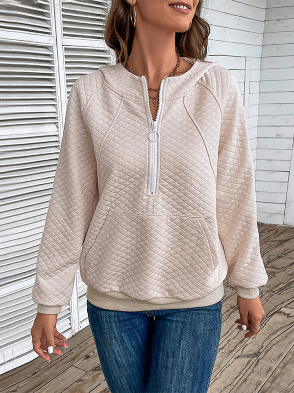 Women’s hooded long-sleeved solid color diamond check sweatshirt - Khaki / S