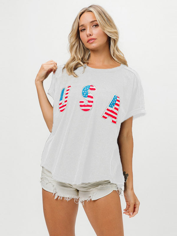 Women’s Independence Day English Letters Short Sleeve T-Shirt Top - White / S