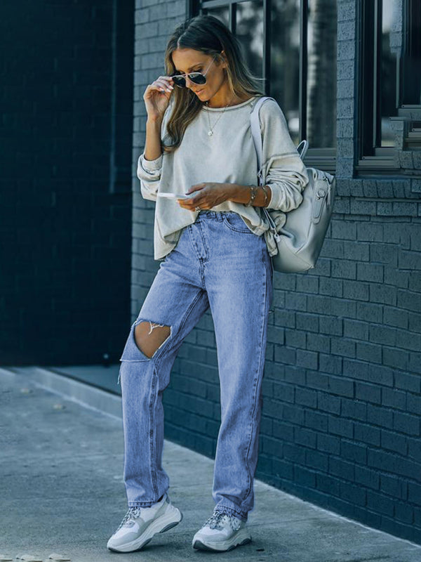 Women’s Irregularly Ripped Denim Trousers - Denim Blue / S