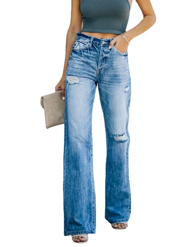 Women’s jeans fashion wash ripped wide leg pants denim trousers
