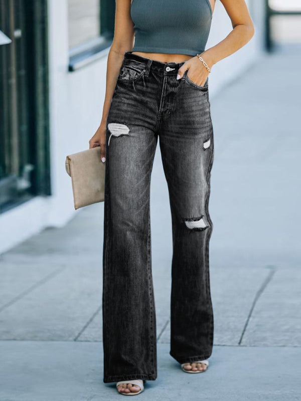 Women’s jeans fashion wash ripped wide leg pants denim trousers