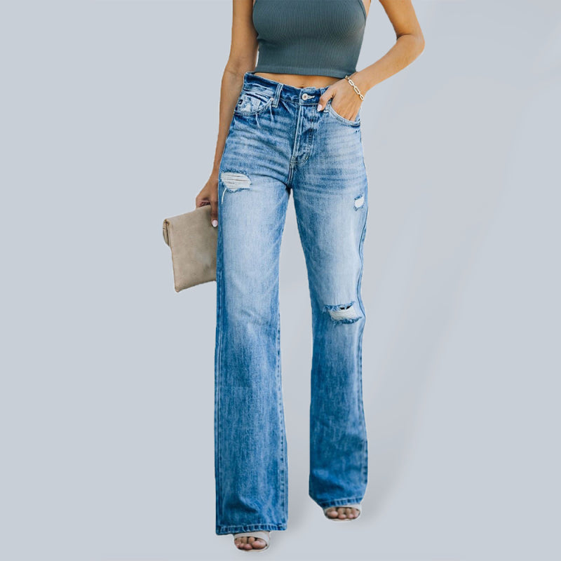 Women’s jeans fashion wash ripped wide leg pants denim trousers - Blue / S