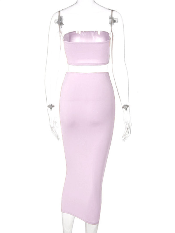 Women’s knit sexy tube top bag hip skirt two piece set