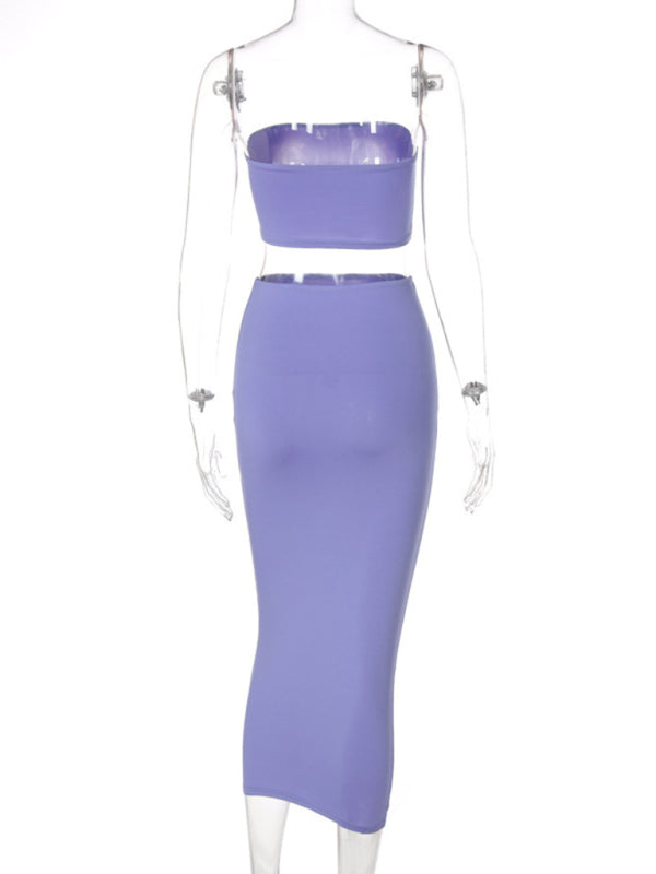 Women’s knit sexy tube top bag hip skirt two piece set