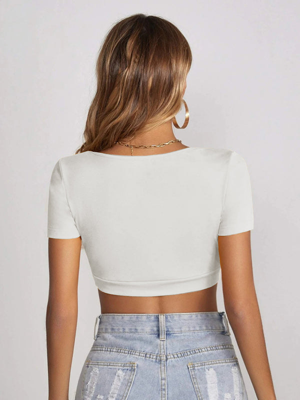Women’s knitted all-match square collar cropped short-sleeved T-shirt