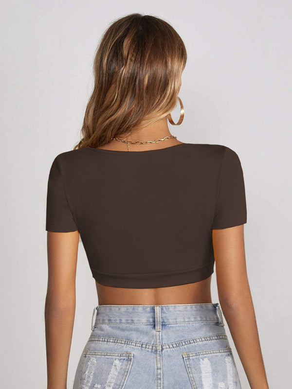 Women’s knitted all-match square collar cropped short-sleeved T-shirt