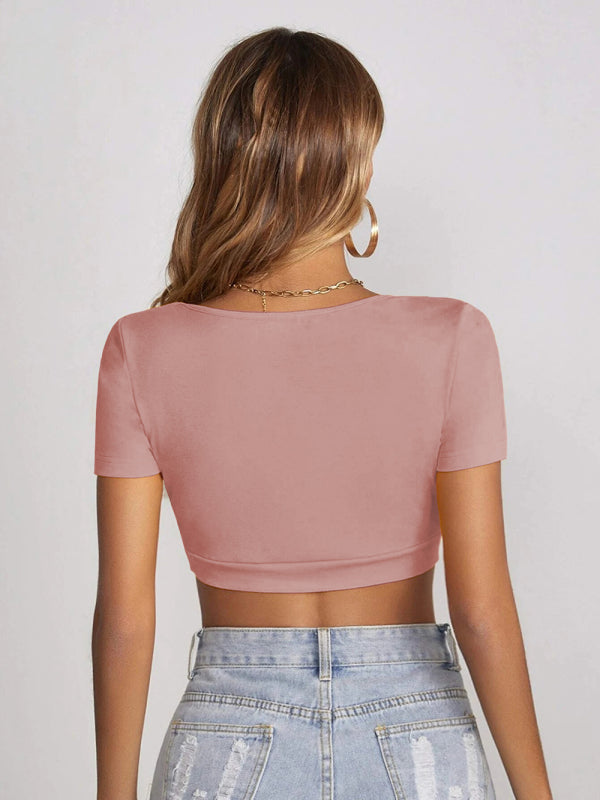 Women’s knitted all-match square collar cropped short-sleeved T-shirt