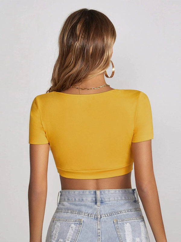 Women’s knitted all-match square collar cropped short-sleeved T-shirt