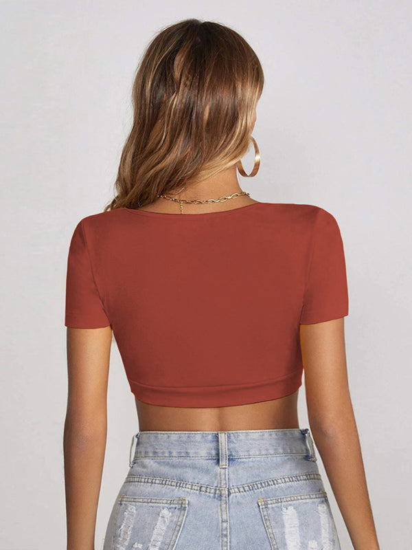 Women’s knitted all-match square collar cropped short-sleeved T-shirt
