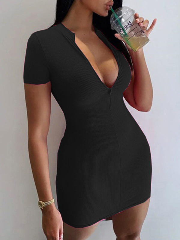 Women’s Knitted Casual Half Zipper Short Sleeve Dress