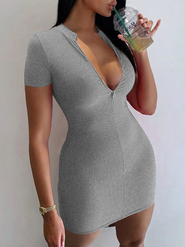 Women’s Knitted Casual Half Zipper Short Sleeve Dress