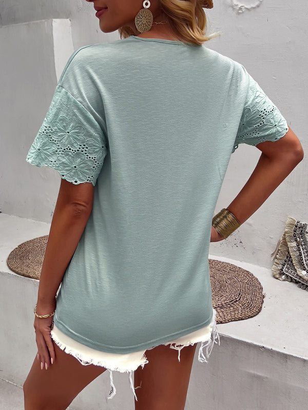 Women’s knitted fashion casual lace stitching V-neck short-sleeved top