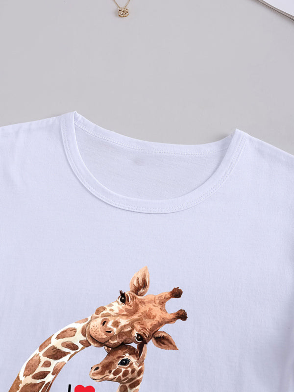 Women’s Knitted Round Neck Giraffe Print Short Sleeve T-Shirt