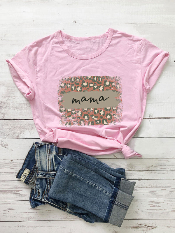 Women’s Knitted Round Neck Leopard Print Mother’s Day Short Sleeve T-Shirt