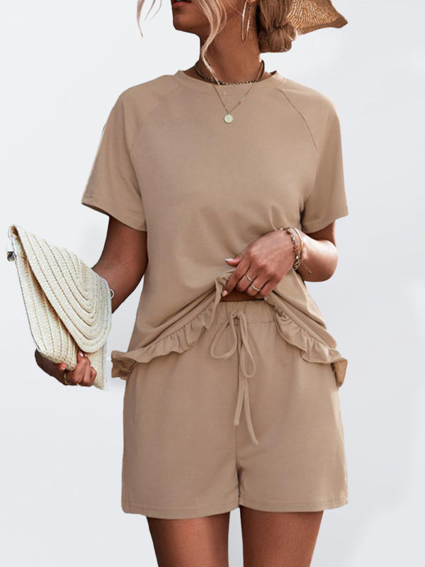 Women’s Knitted Round Neck Ruffle Short Sleeve Shorts Casual Two-piece Set - Khaki / S