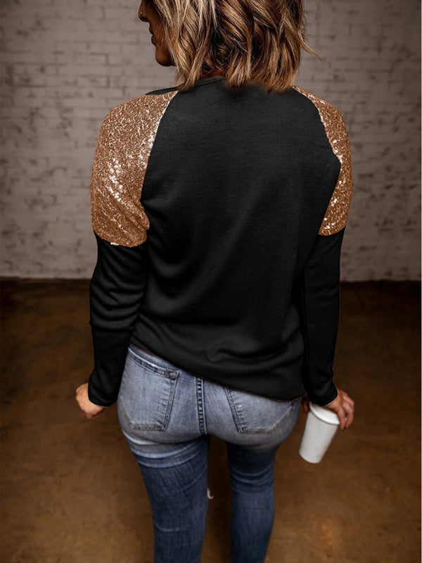 Women’s Knitted Round Neck Stitching Sequin Raglan Long Sleeve Top
