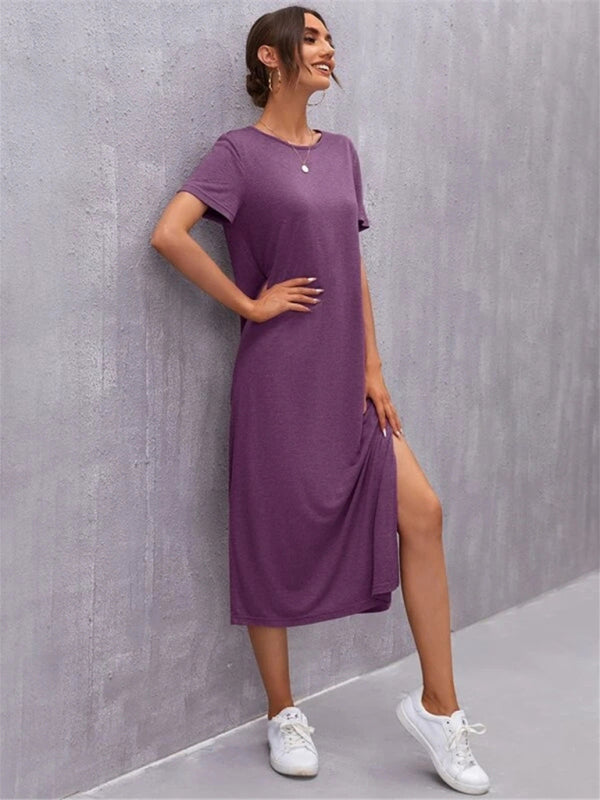 Women’s Knitted Short Sleeve Dress Round Neck Slit Mid Skirt