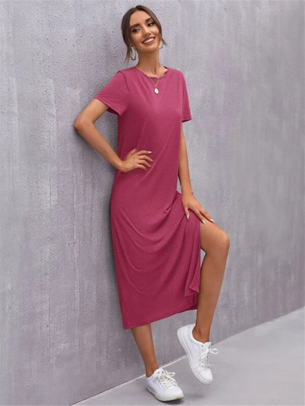 Women’s Knitted Short Sleeve Dress Round Neck Slit Mid Skirt