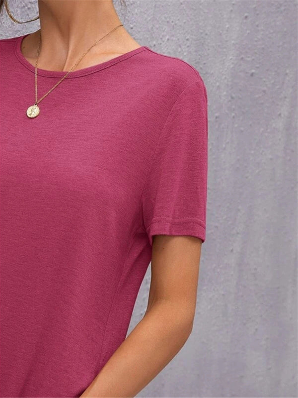 Women’s Knitted Short Sleeve Dress Round Neck Slit Mid Skirt