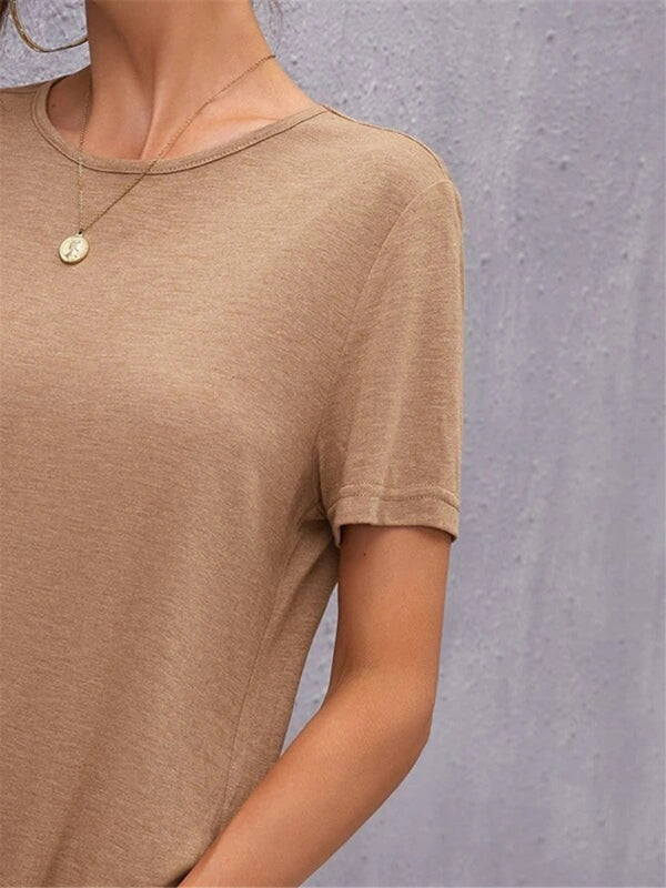 Women’s Knitted Short Sleeve Dress Round Neck Slit Mid Skirt