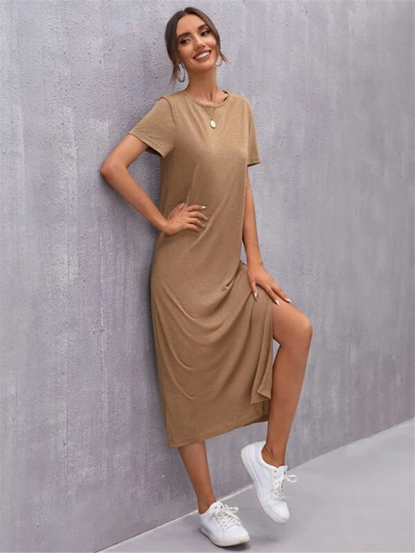 Women’s Knitted Short Sleeve Dress Round Neck Slit Mid Skirt