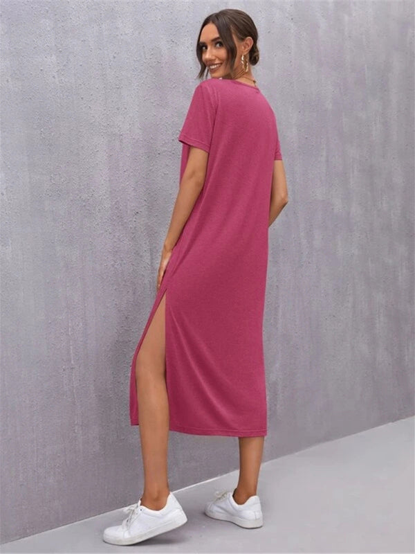 Women’s Knitted Short Sleeve Dress Round Neck Slit Mid Skirt