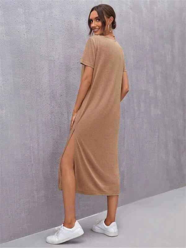Women’s Knitted Short Sleeve Dress Round Neck Slit Mid Skirt
