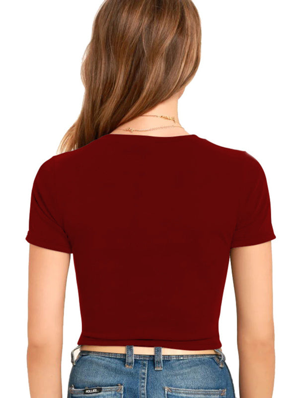 Women’s Knitted Short Slim Fit T-Shirt with Navel and Knot