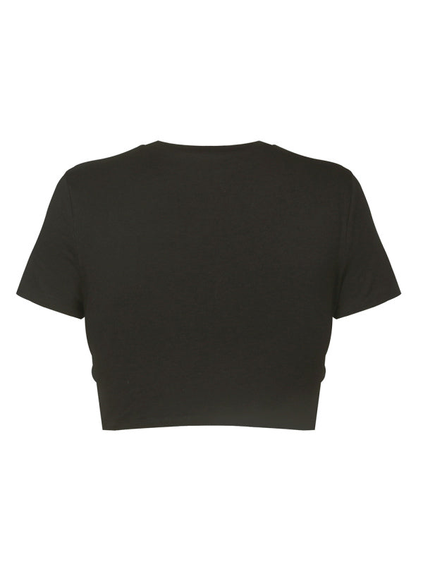 Women’s Knitted Short Slim Fit T-Shirt with Navel and Knot