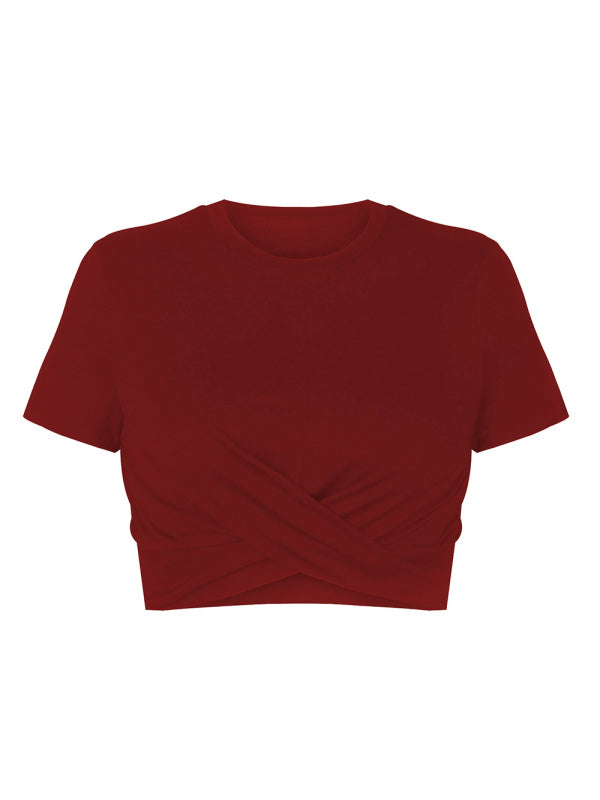 Women’s Knitted Short Slim Fit T-Shirt with Navel and Knot
