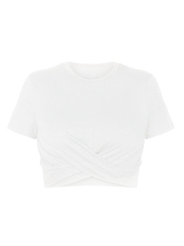 Women’s Knitted Short Slim Fit T-Shirt with Navel and Knot