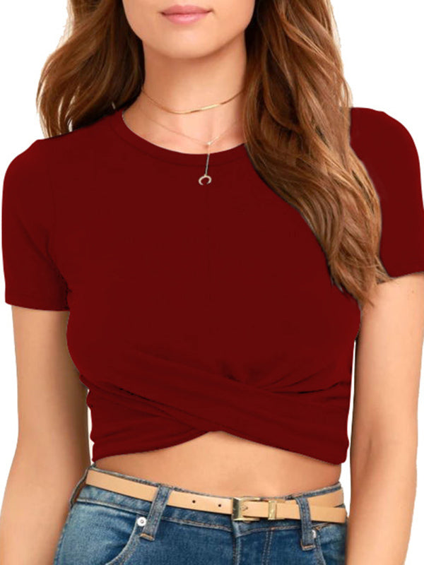 Women’s Knitted Short Slim Fit T-Shirt with Navel and Knot - Wine Red / S