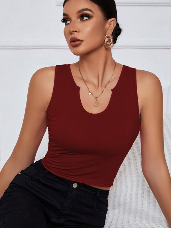 Women’s knitted U-neck all-match short vest - Wine Red / XS
