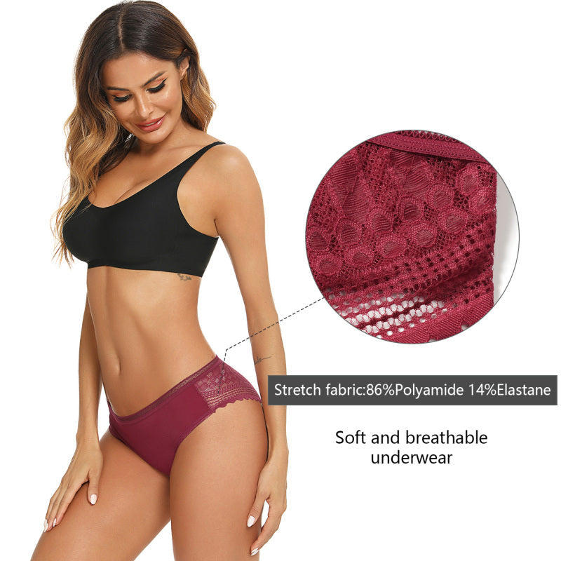 Women’s Lace Panties Hipster Ladies Low Rise Full Briefs Lace Underwear - Black + Wine Red / S + S