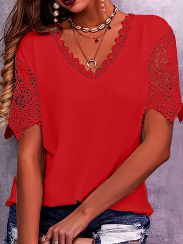 Women’s Lace Trim Stitching Loose V Neck Short Sleeve Top - Red / S