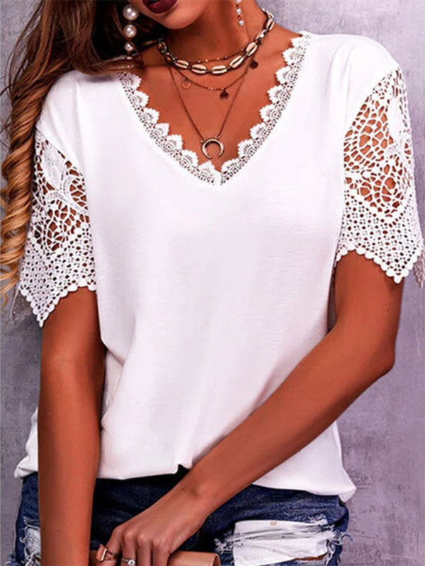 Women’s Lace Trim Stitching Loose V Neck Short Sleeve Top - White / S