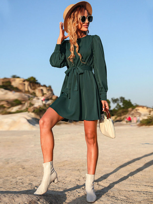 Women’s lace-up green dress short dress