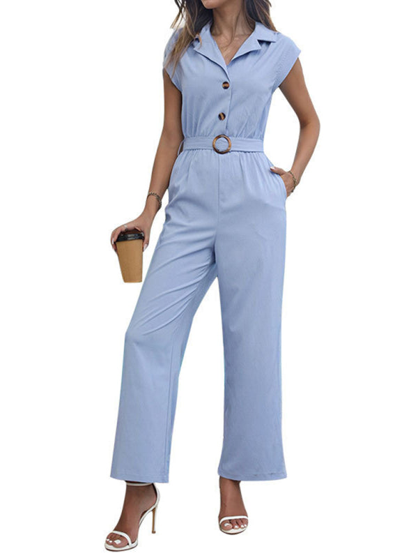 Women’s Lapel Commuting Style Solid Color Straight Jumpsuit