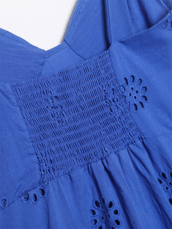 Blue eyelet-detailed smocked top displayed on Women’s Layered Embellished Hollow Bra Short Dress