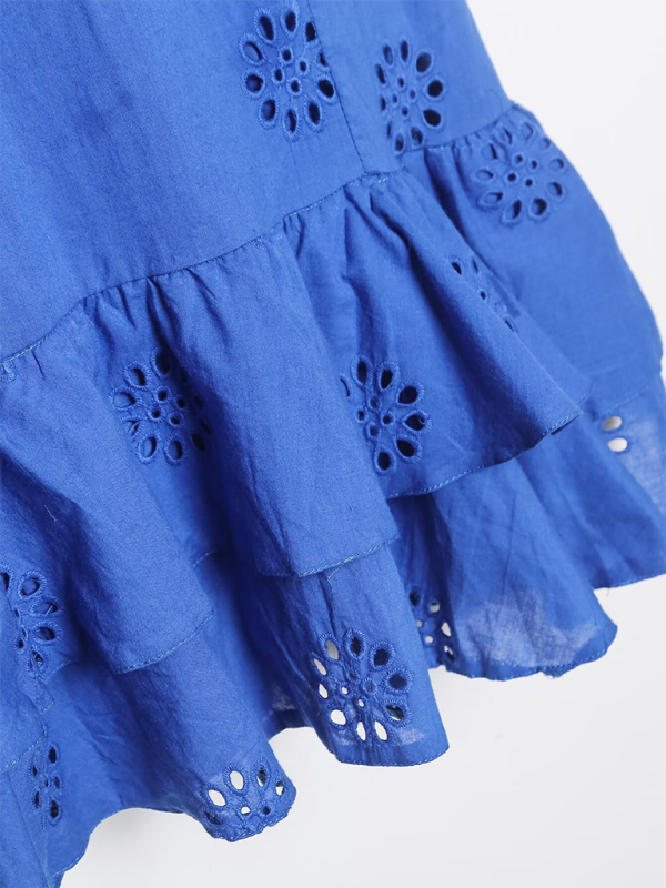 Blue eyelet-embroidered tiered dress from Women’s Layered Embellished Hollow Bra Short Dress