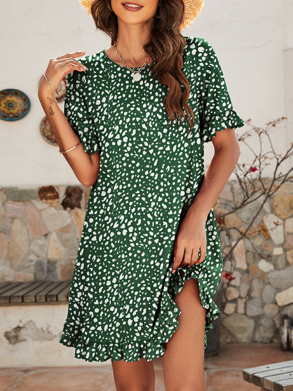 Women’s Leopard Print Round Neck Short Sleeve Ruffle Dress